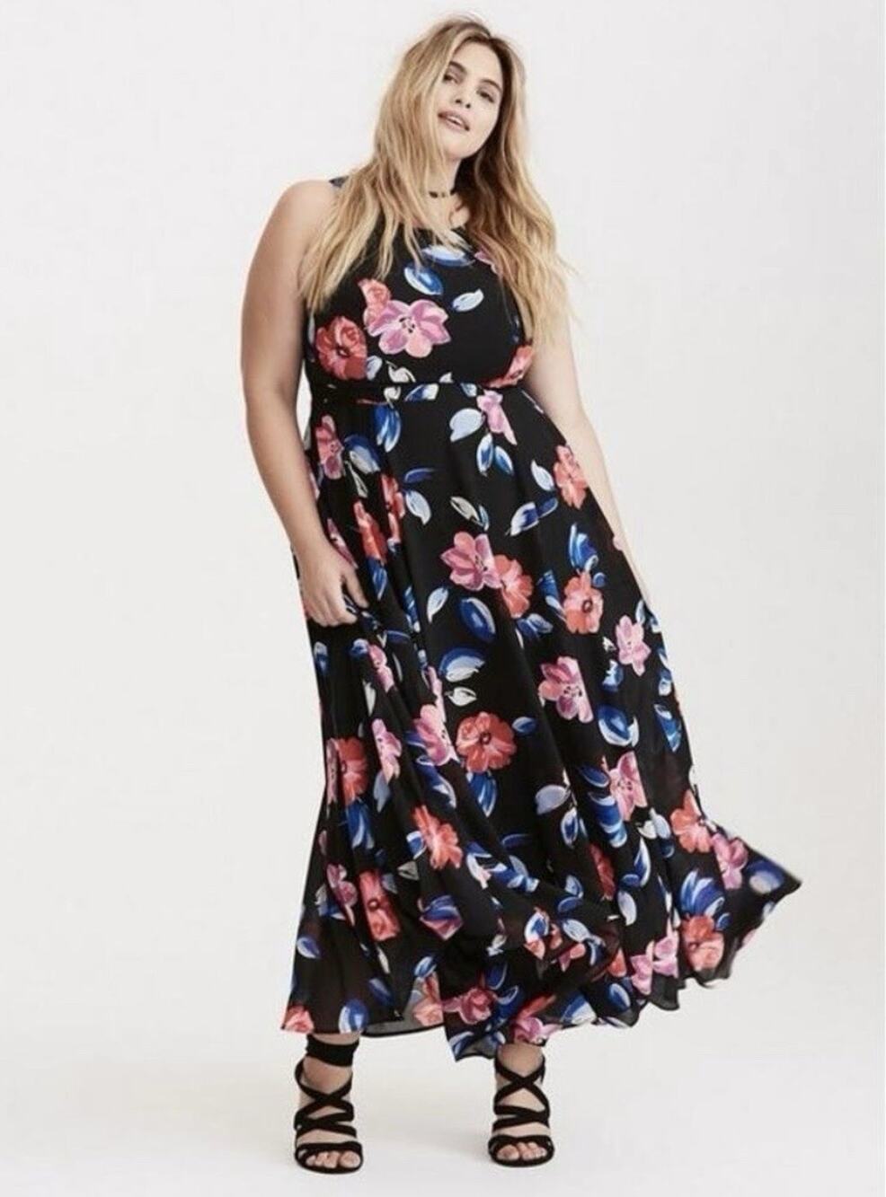 Torrid Black Floral Print Georgette High Neck Maxi Dress Size 14